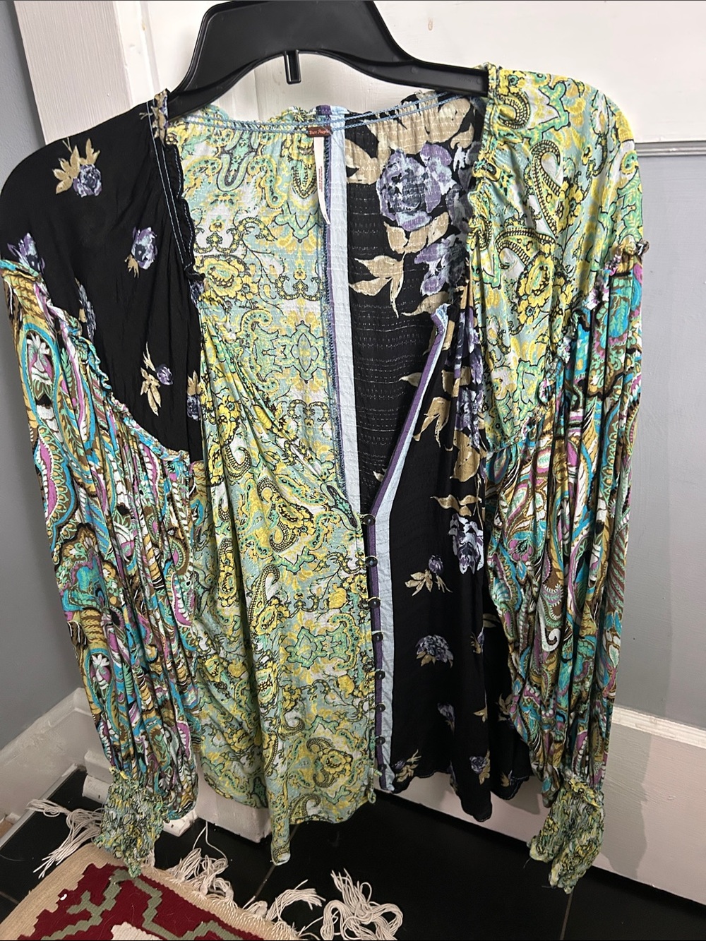 Free People Mixed Floral & Paisley Button-Front Blouse in Pastel Green and Black
